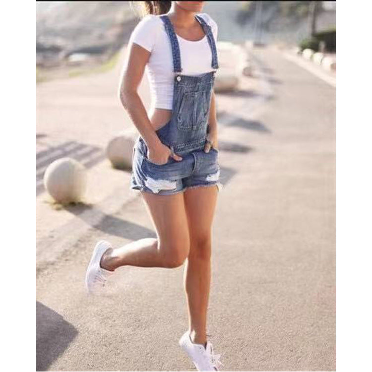 blue mid-waist denim dark overalls shorts