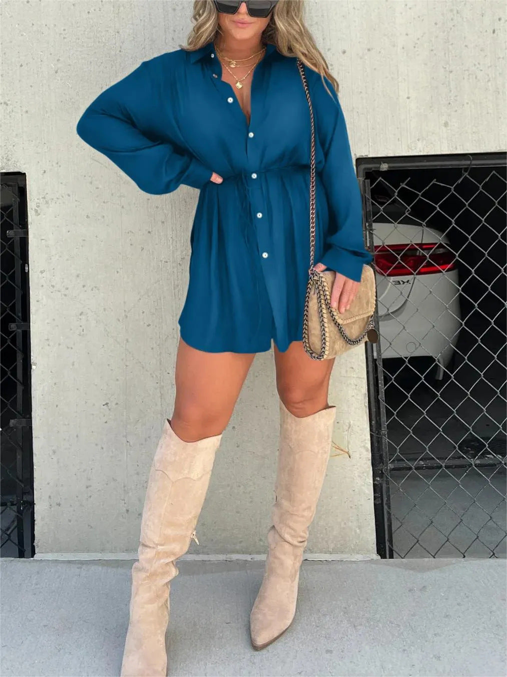 women's long sleeve jumpsuit with button fashion shirt dress