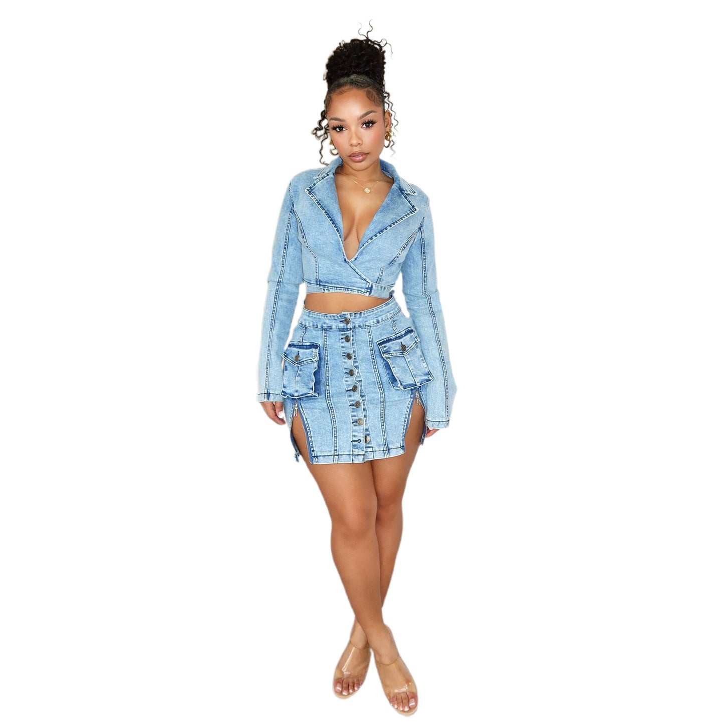 denim skirt suit - fashion personality slim fit