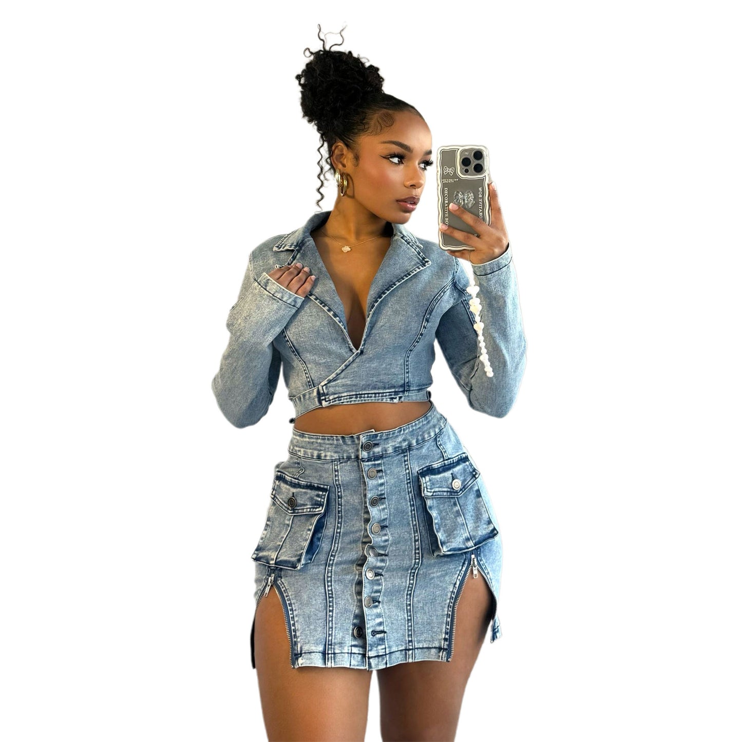 denim skirt suit - fashion personality slim fit