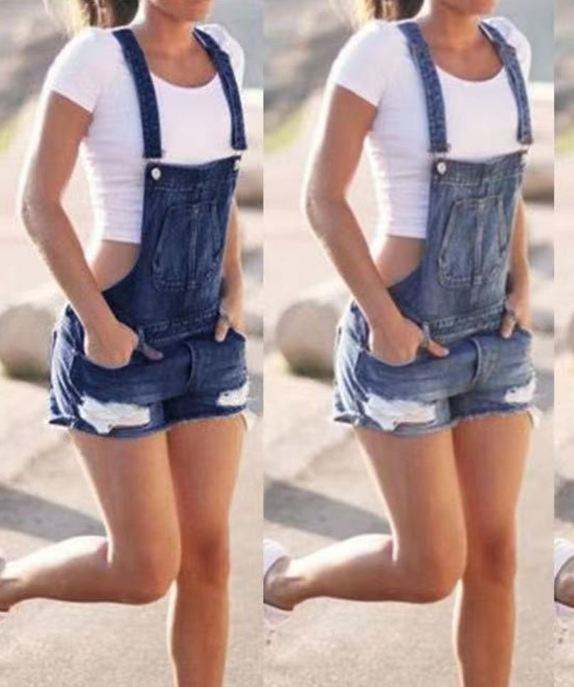 Blue Mid-waist Denim Dark Overalls Shorts