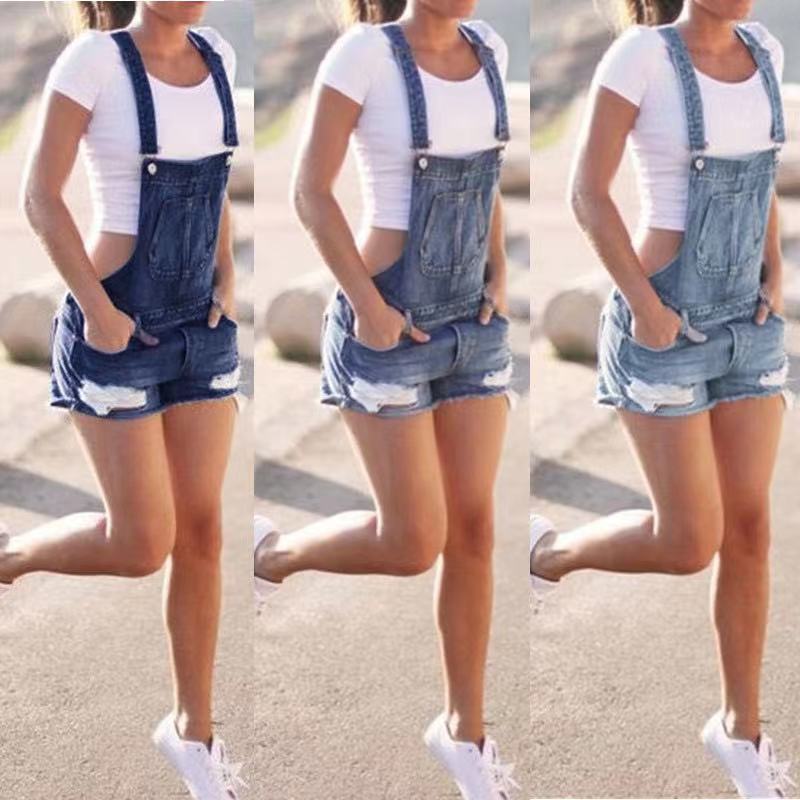 Blue Mid-waist Denim Dark Overalls Shorts