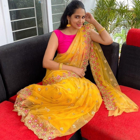 Net Sarees With Embroidered Work