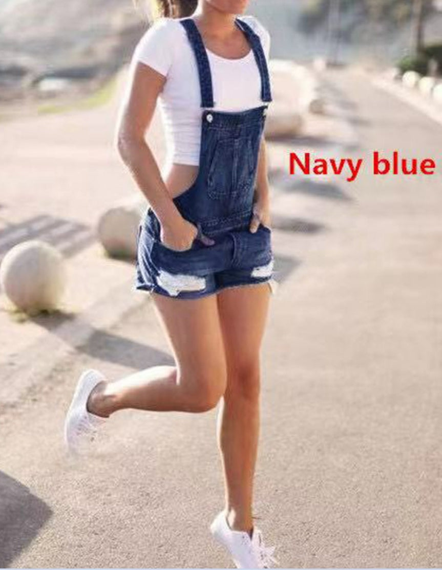 Blue Mid-waist Denim Dark Overalls Shorts